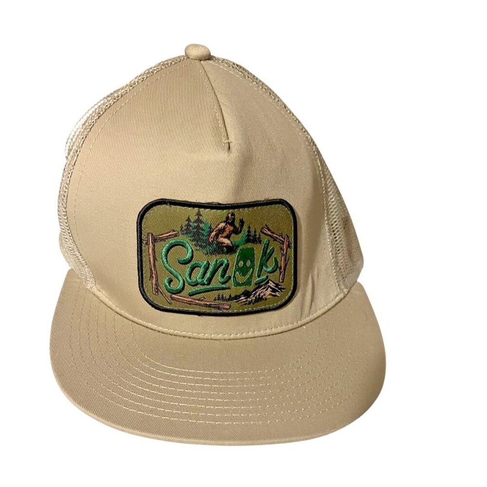 Sanuk Hat Cap‎ Snap Back Tan Beige Trucker Mesh Patch Sasquatch Bigfoot Mens